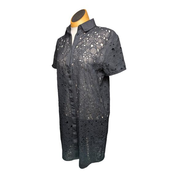 Allsaints Zepetelli Black Sheer Floral Eyelet Lace Mini Button Up Shirt Dress 0 - Picture 1 of 7